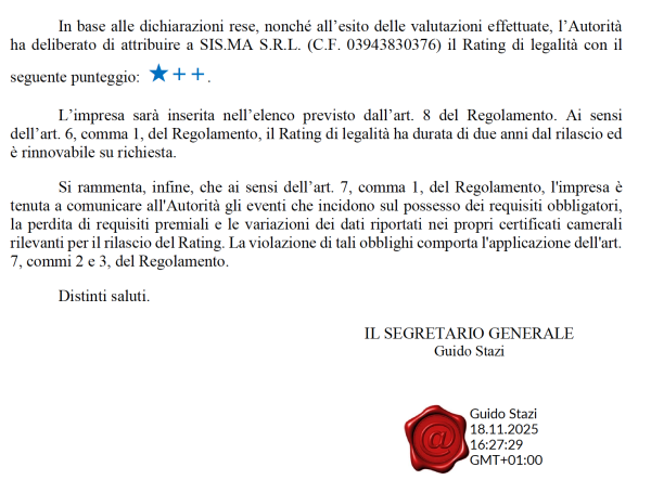 Sis.Ma ottiene il Rating di Legalità AGCM: un riconoscimento ai valori di trasparenza e responsabilità