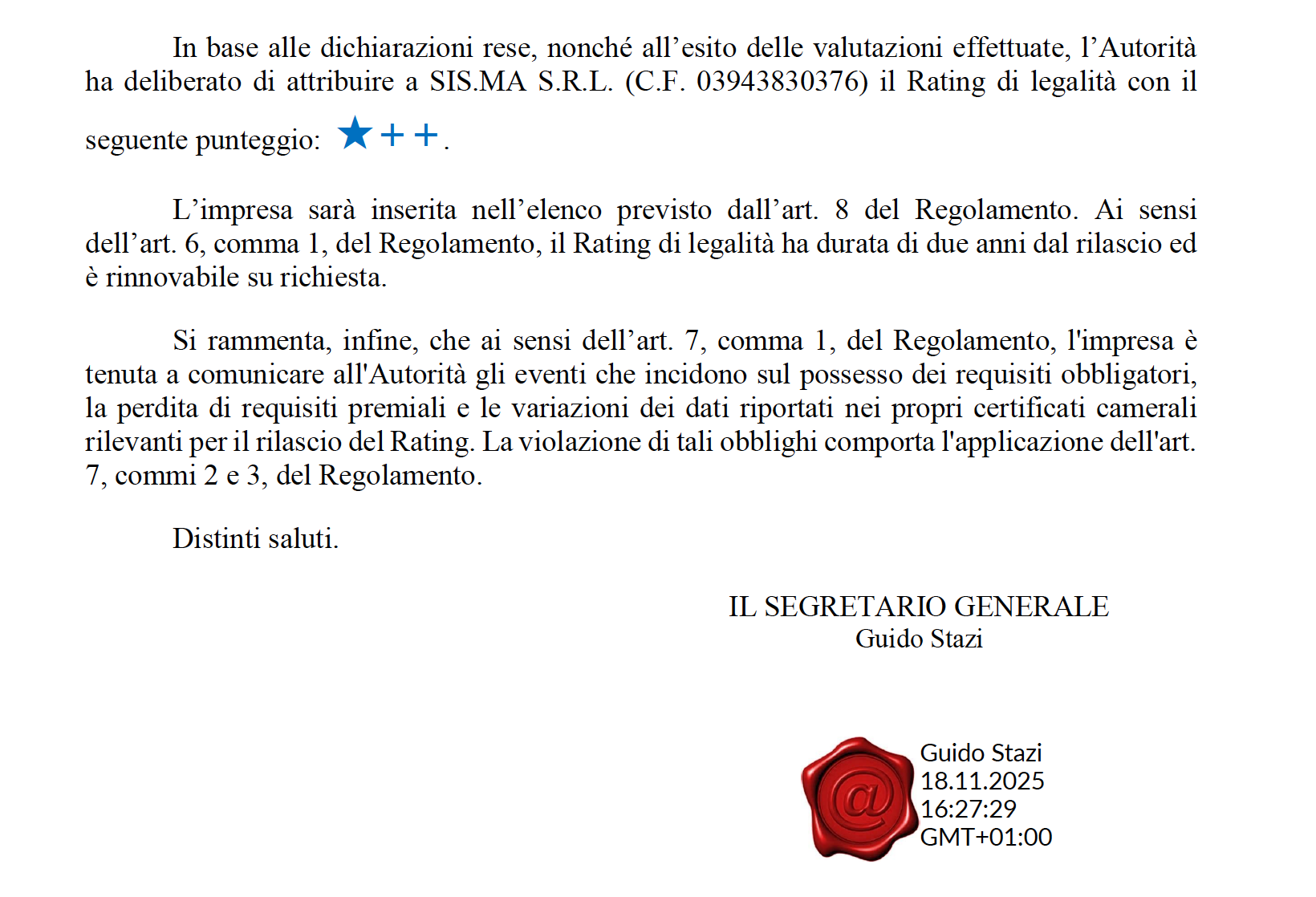 Sis.Ma ottiene il Rating di Legalità AGCM: un riconoscimento ai valori di trasparenza e responsabilità